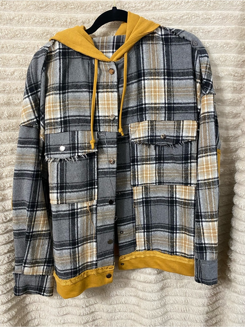 Plaid Hooded Shacket with Mustard Trim